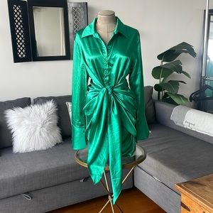 Emerald Green silk satin front tie wrap dress